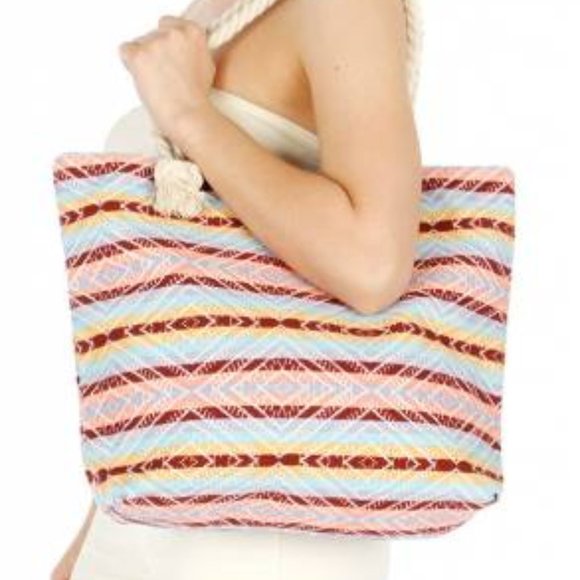 CODE LOVE Rope Handle Beach Tote Large Ikiet Multi Blue Canvas Bag - Picture 5 of 8